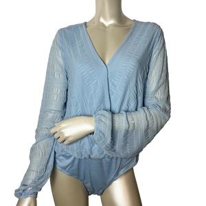 SO Brand Light Blue Long Sleeve Faux Wrap Body Suit
